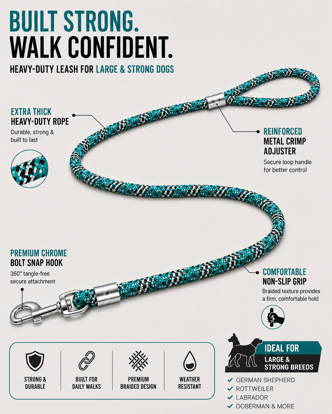 TPL 9mm Braided Rope Dog Leash | Teal