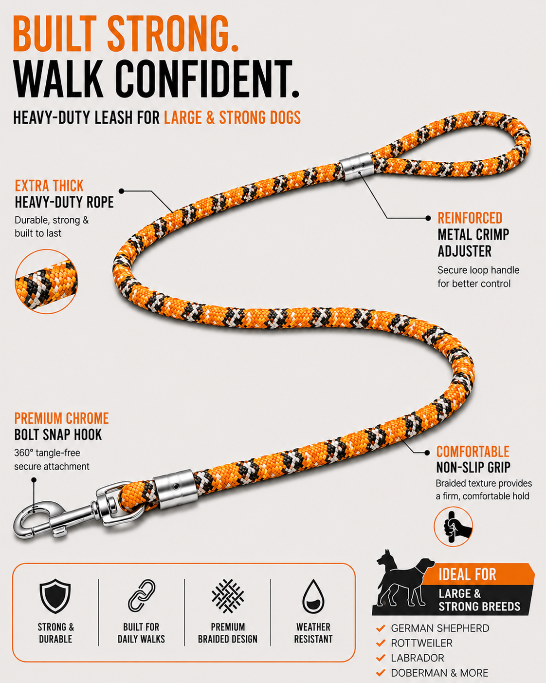 TPL 9mm Braided Rope Dog Leash | Orange
