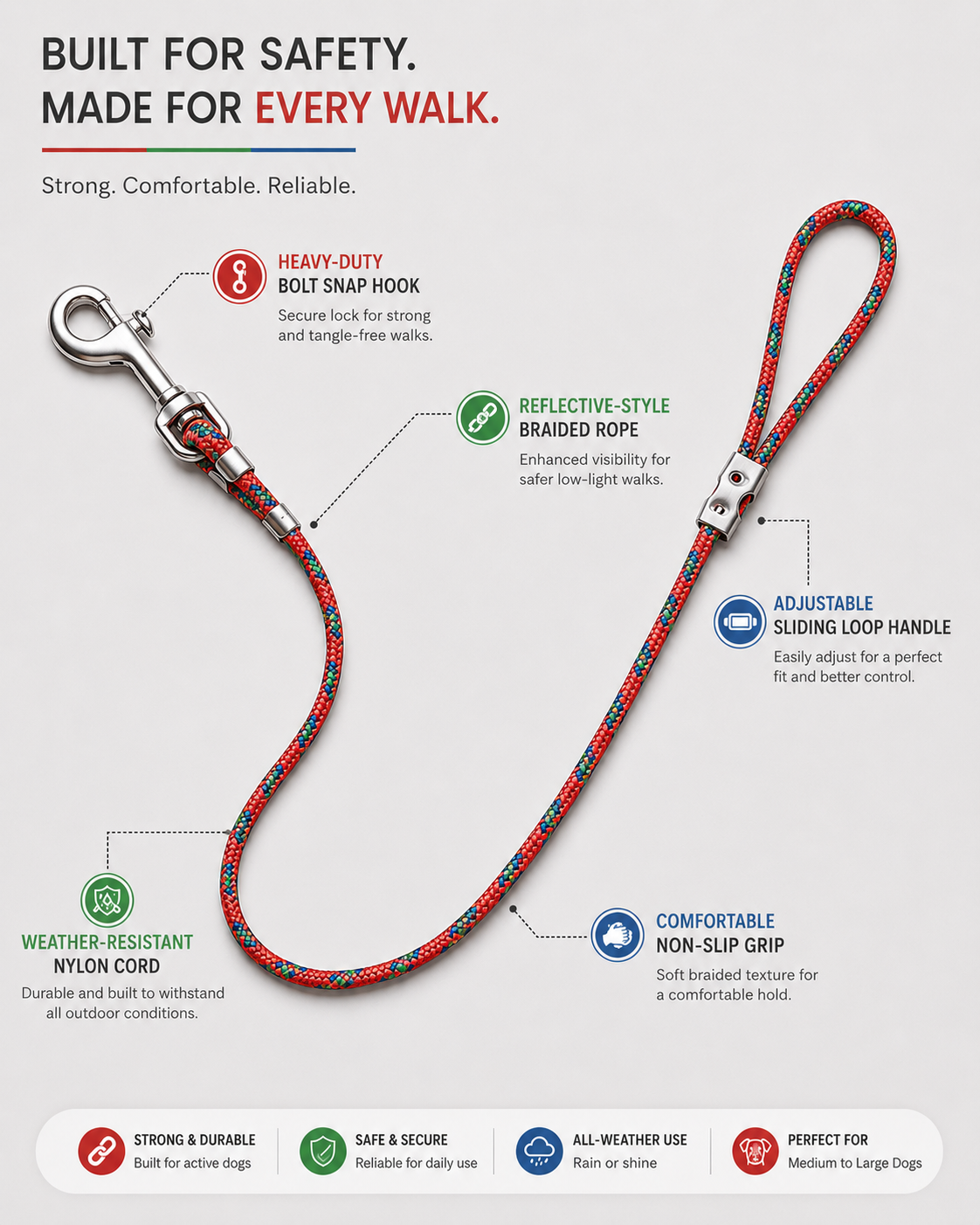 TPL 6mm Braided Rope Dog Leash Red