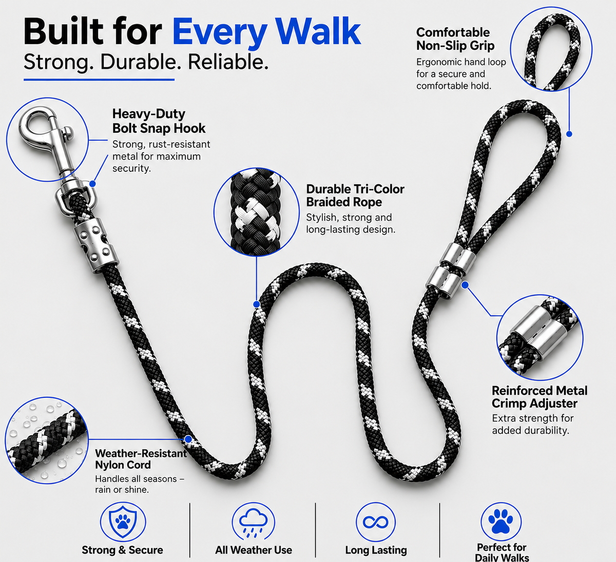 TPL 6mm Braided Rope Dog Leash Black