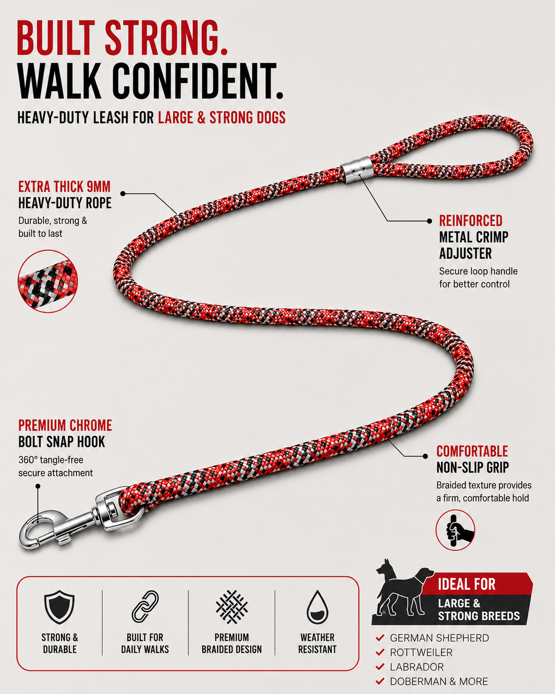 TPL 9mm Braided Rope Dog Leash | Red
