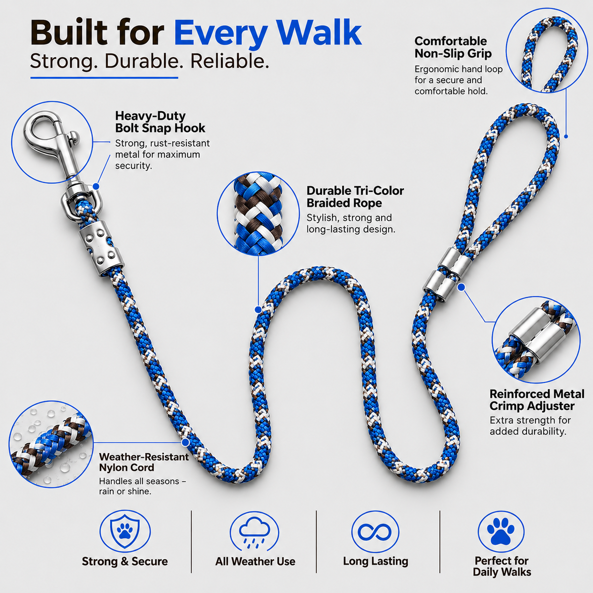 TPL 6mm Braided Rope Dog Leash Blue