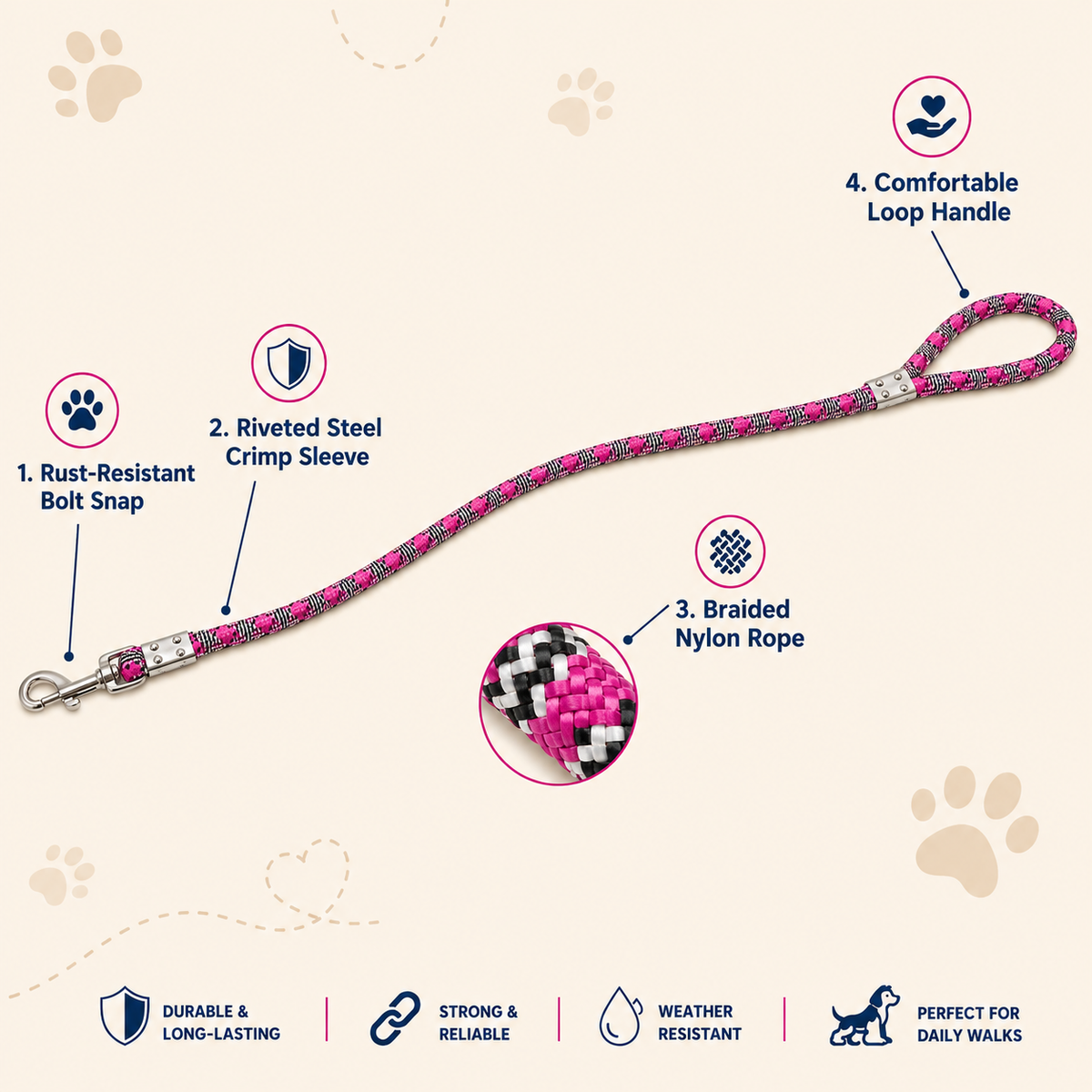 TPL 22mm Nylon Rope Dog Leash Pink