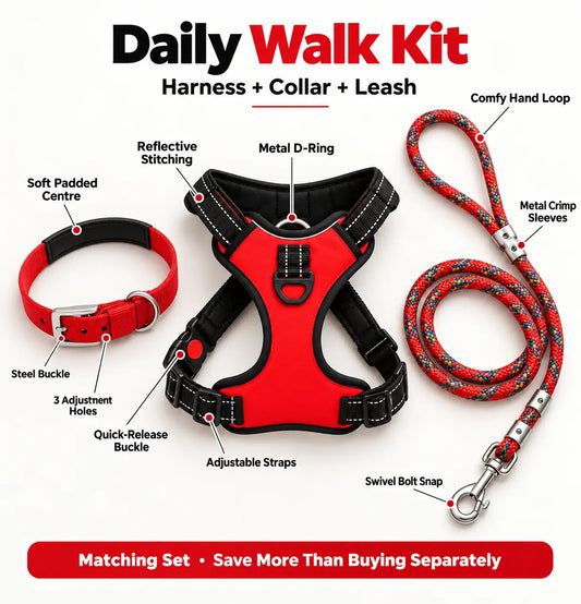 TPL Daily Walk Kit | Padded Harness + Collar + Leash Set | Red